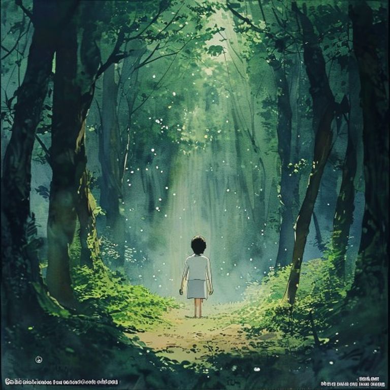 The Mononoke deer-god clearing register: subject in forest opening, something sacred-and-strange across the clearing, m…