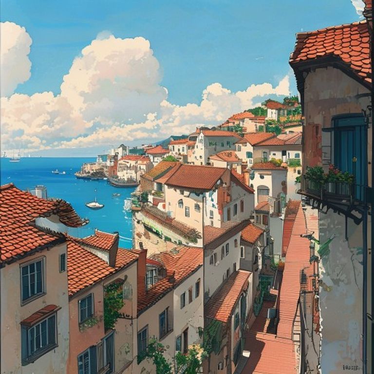 The Kiki's-Delivery / Ponyo / Porco coastal-town wide. Tile-roofs, harbor, sea, soft pastel architecture.