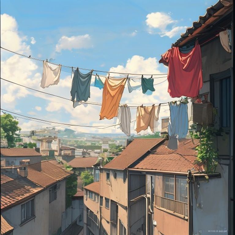 The Spirited Away / Kiki rooftop with hanging sheets in the wind. Domestic labor as visual rhythm.