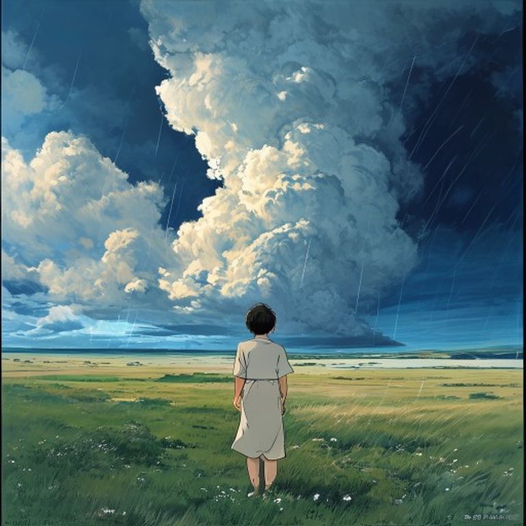 The Porco / Ponyo / Howl frame: clear weather around subject, dark dense storm approaching from one direction. Quiet dr…