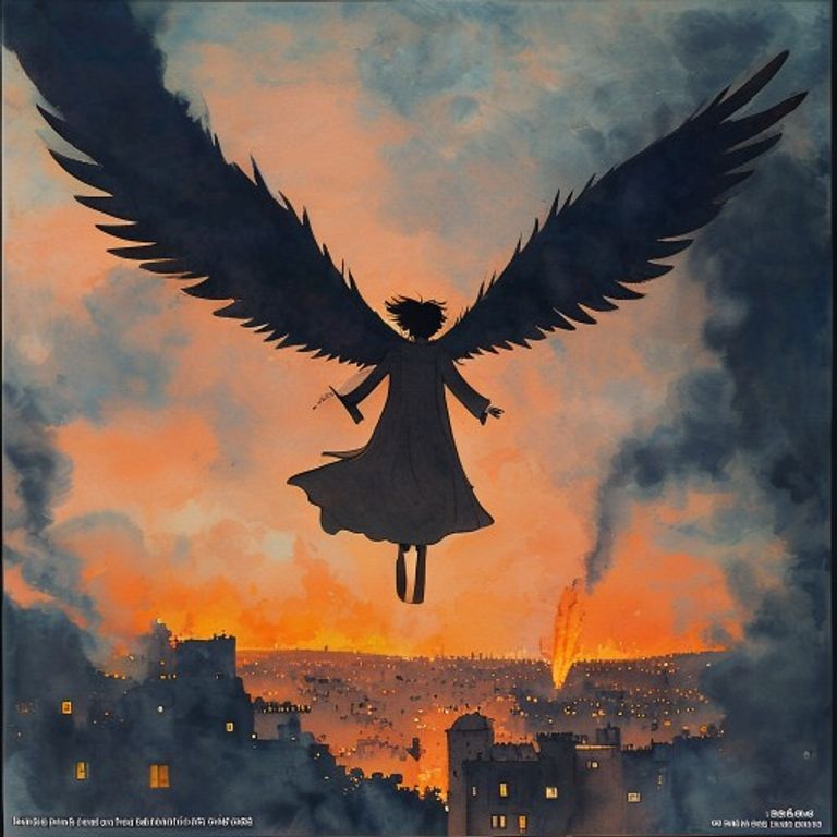 Howl mid-air over a burning city, wings out, alone. The Ghibli register for solitary sovereign resistance against state…