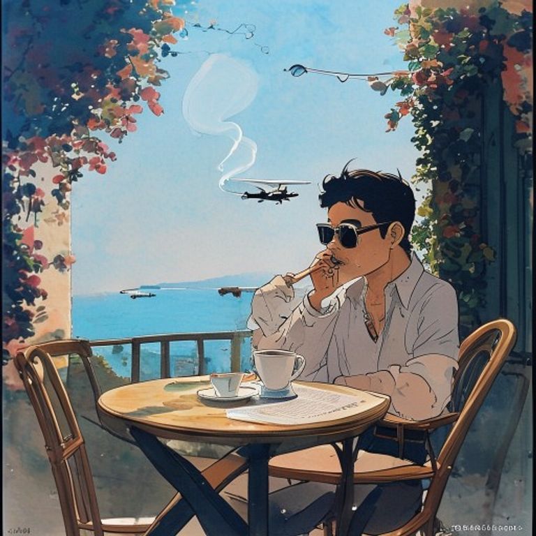 The "better a pig than a fascist" frame. Porco at the cafe table, cigarette, sunglasses, untouchable. Miyazaki's most d…