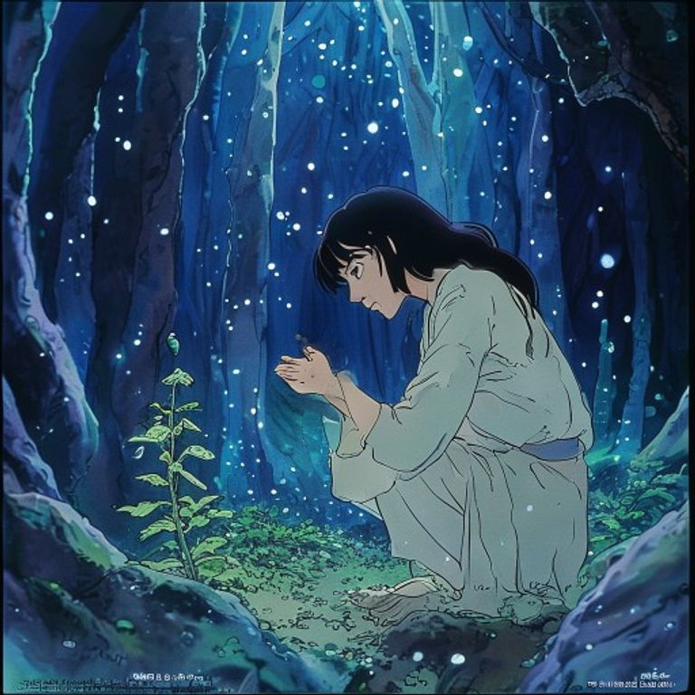 Nausicaä kneeling in the toxic forest, mask off, alone. Stoic witness of the poison without flinching and without drama…