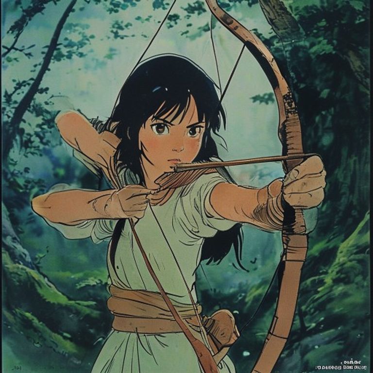 Ashitaka in full-draw with the cursed arm, eye on target. The exact frozen instant of decision before the arrow flies.