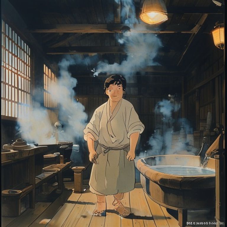 Chihiro scrubbing the giant tub, sleeves rolled, hair-tied, mid-effort. The Ghibli register for dignity-in-discipline a…
