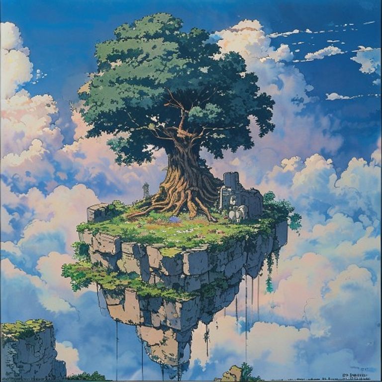 The Laputa garden floating after the citadel collapsed. The tree, the moss, the old robot, the birds. What survives the…
