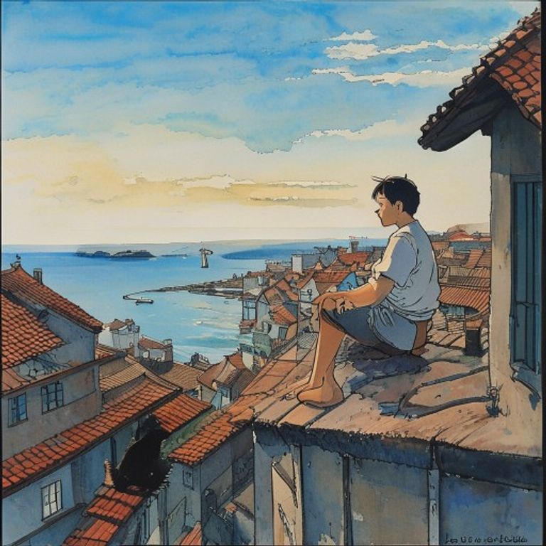 Kiki on the rooftop or the dock with Jiji, broom across her lap, looking at the sea or the city. Solitude rendered as positive state, not problem to be solved.