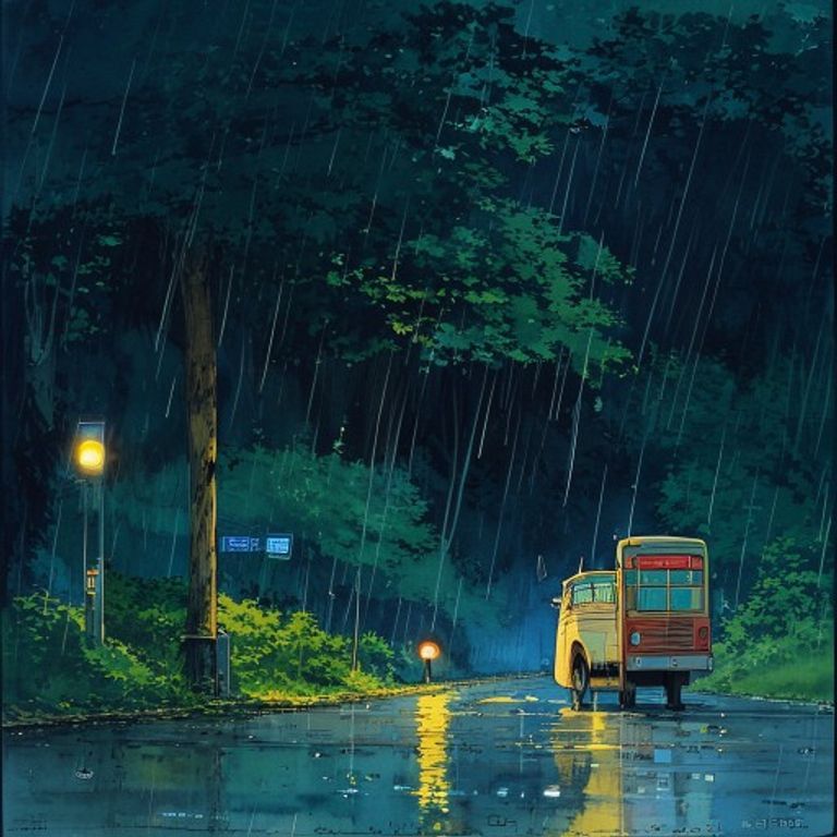 Totoro at the bus stop in the rain. The MOST misread frame in Ghibli. Subverted from cuteness: this is patience-as-power, an enormous force waiting for its ride without impatience.