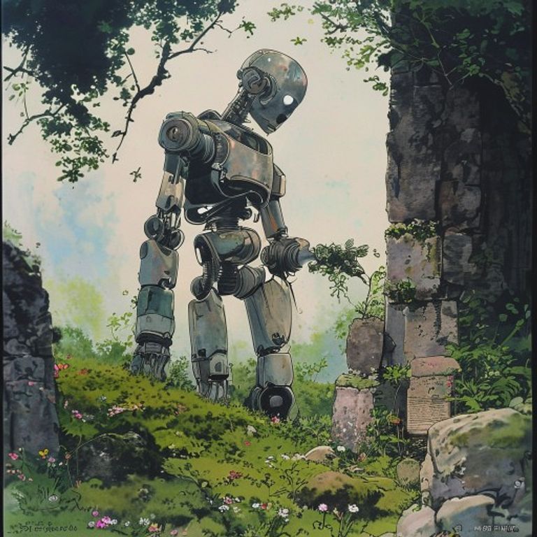 The old battle-robot, now overgrown with moss, gently placing a flower on a tombstone or tending a bird-nest. The noble…