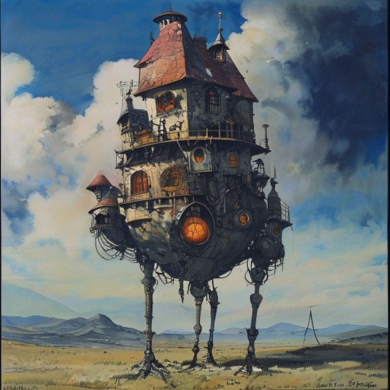 The castle stomping across the wasteland at dawn: impossible chimerical machine, every joint absurd, walking anyway. Th…