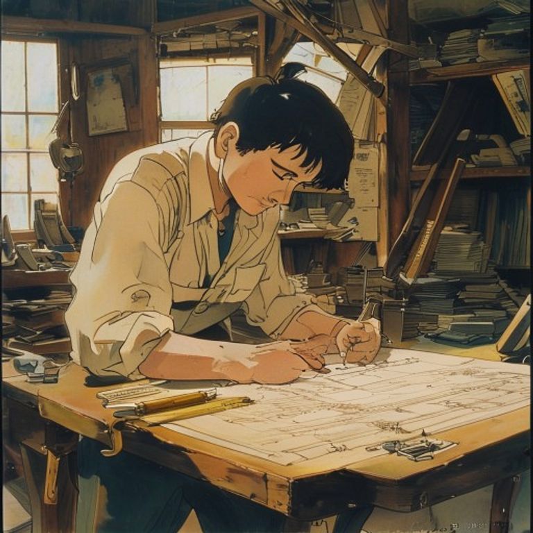 Jiro hunched over the drafting table, slide-rule and pencil, the obsessive engineering frame. The craftsman as Ghibli hero, not the witch.