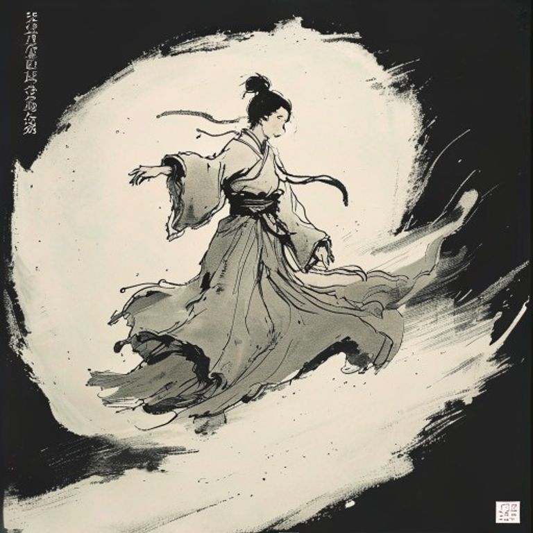 Kaguya in mid-flight rendered as charcoal-and-ink-wash: line abandoning the cel, the body becoming a streak of motion.…