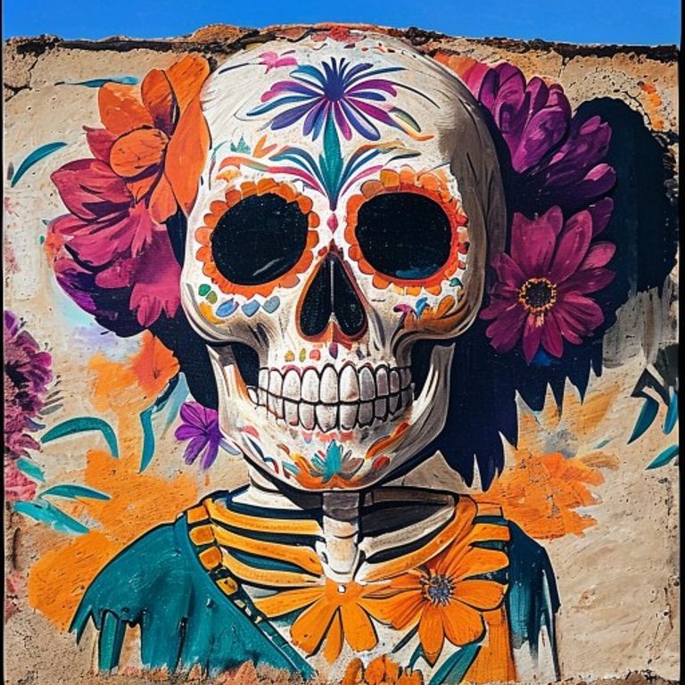 Oaxacan and Mexico City community-mural register: Day of the Dead and Posada-calavera visual grammar carried onto conte…