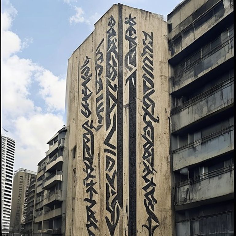 Sao Paulo pixacao register: roller-and-house-paint vertical glyph-runes climbing impossible building facades, cryptic a…