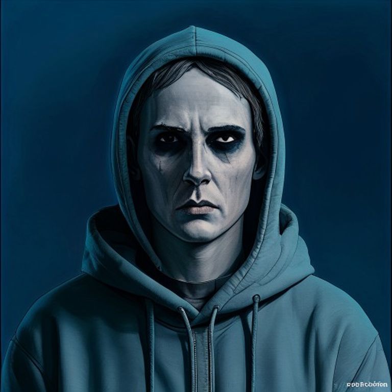The 3am window-stare register, MS Paint feels-guy rendered in cold blue late-night light, the visual grammar of quiet defection from the productivity contract.