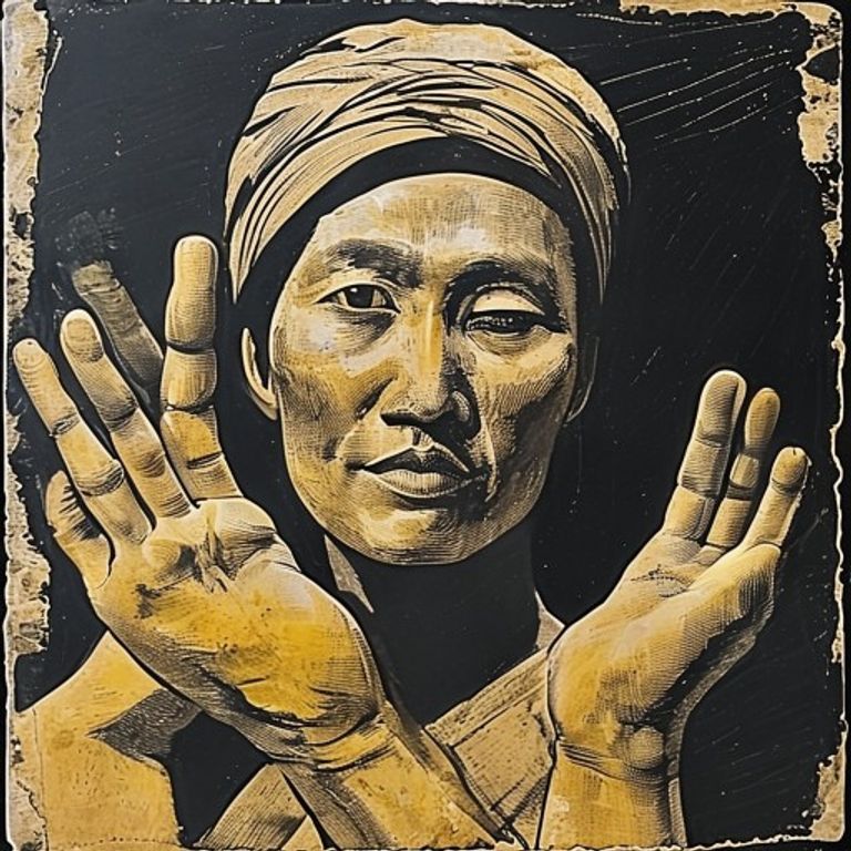 NLF and Cu Chi tunnel-period propaganda graphic register (1965-1972). Hand-cut woodblock prints produced in tunnel comp…