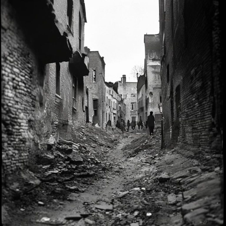 August through October 1944 Warsaw Uprising register: Armia Krajowa sewer-and-rubble documentary photography aesthetic,…