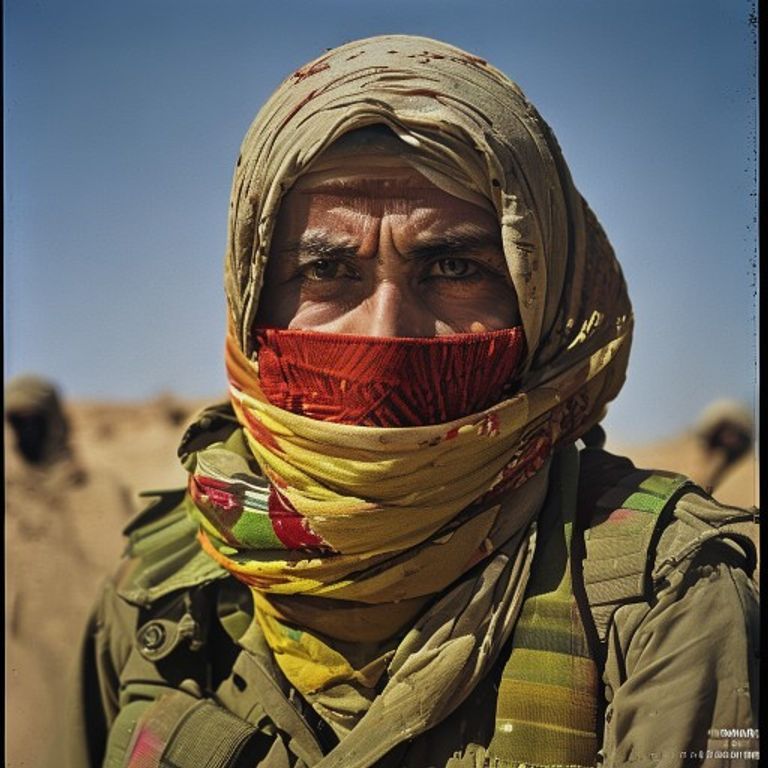 The Rojava-era Kurdish militia field photograph register, dust-toned, women-and-men mixed, the visual language of democ…