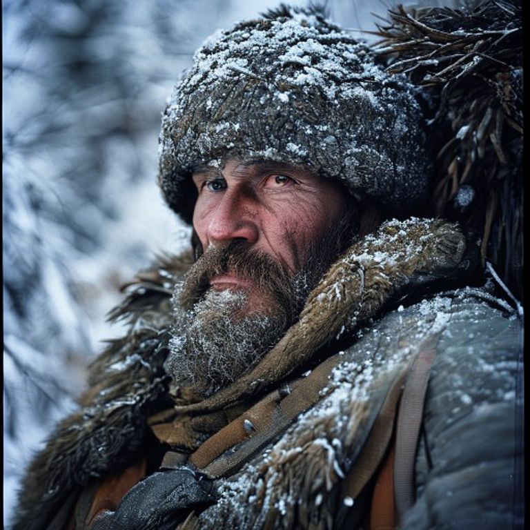 The 1994 through 1996 First Chechen War mountain-fighter field-image register, beard and papakha hat against Caucasus s…