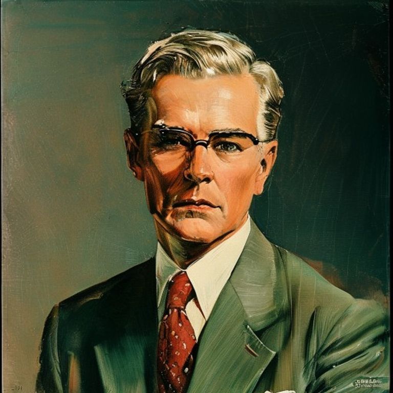 The mid-century executive rendered as national icon. Illustration over photograph, the suit as American armor.