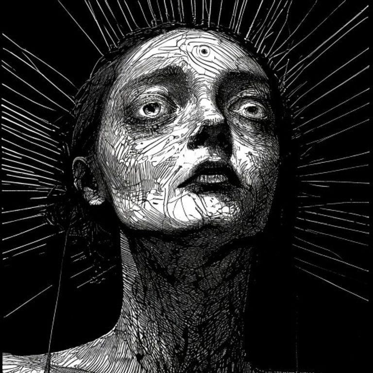 Style register: Junji Ito 1987 through present manga grammar, Tomie / Uzumaki / Gyo, obsessive black-ink crosshatching, body horror rendered with the patience of a botanical engra…