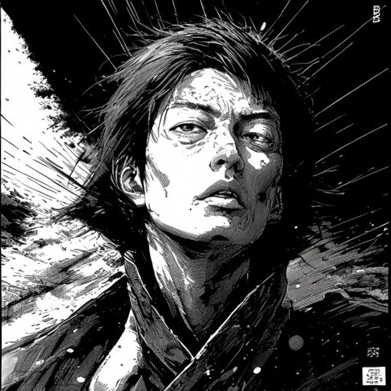 Style register: BAP / Mishima / Otomo / Inoue / Miura sovereign-vitalist manga aesthetic. Preserves source-image subjec…