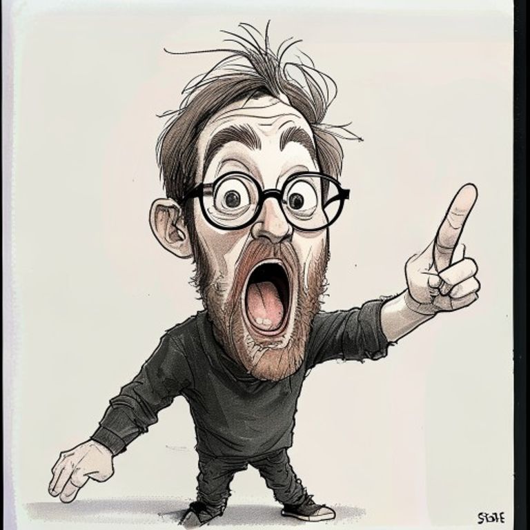 Renders the subject as the over-excited consumer pointing at a thing. The image discredits the thing pointed at by depi…