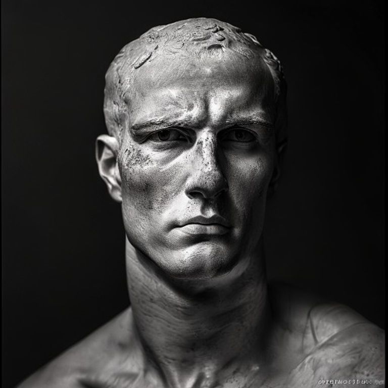 The Gigachad register pre-attributes classical Greco-Roman seriousness to the subject. The black-and-white marble-statu…