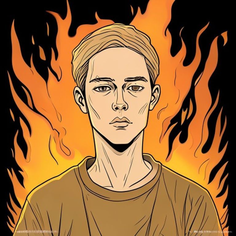 The "this is fine" cartoon-dog descendant: subject in calm posture against a flat orange-flame background, the visual g…