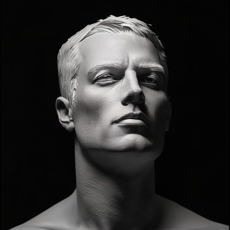 The chad-nodding-approval lineage: sculpted profile in stark black-and-white with the slight downward nod, the visual grammar of unverbalized endorsement from the strong.
