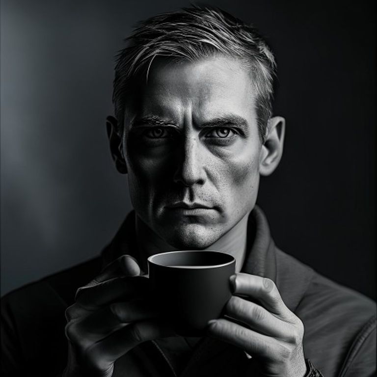 The sigma-grindset edit-aesthetic: stark black-and-white portrait at dawn near a window with implied black-coffee mug,…