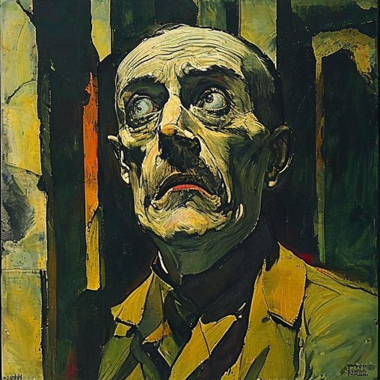 Rendering register: a 1919 to 1924 Weimar Expressionist film poster, hand-painted in sour gouache with leaning architec…