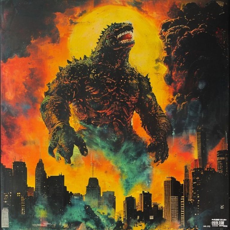 Rendering register: a 1954 to 1985 Toho or Toei kaiju film poster, hand-painted in oil and gouache by an Ohrai-school i…
