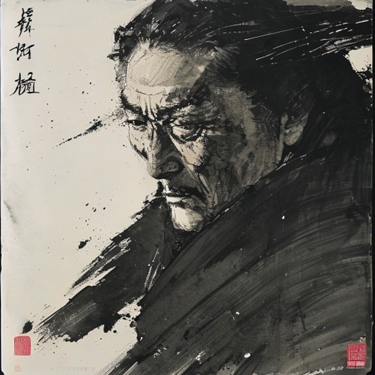 Rendering register: a 1954 to 1985 Kurosawa film poster in the sumi-e brushwork tradition, executed with sparse ink cal…