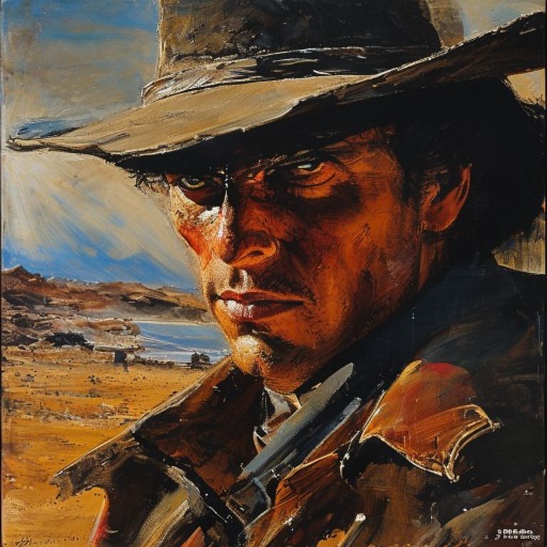 Rendering register: a 1964 to 1975 Italian or Spanish spaghetti western film poster, hand-painted in oil by a Renato Ca…