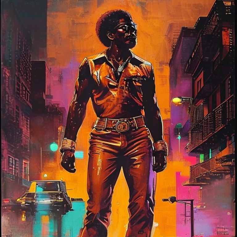Rendering register: a 1971 to 1976 American blaxploitation film poster, hand-painted with confident airbrush figure wor…