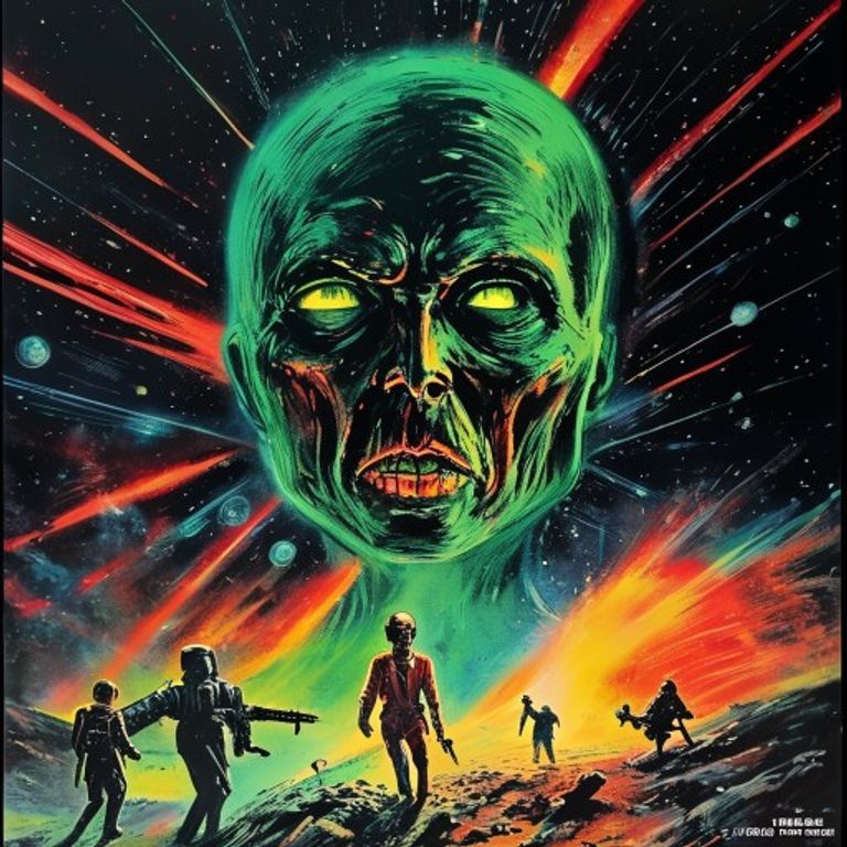 Rendering register: a 1950 to 1959 American science fiction B-movie poster, hand-painted in pulp gouache and oil, with…