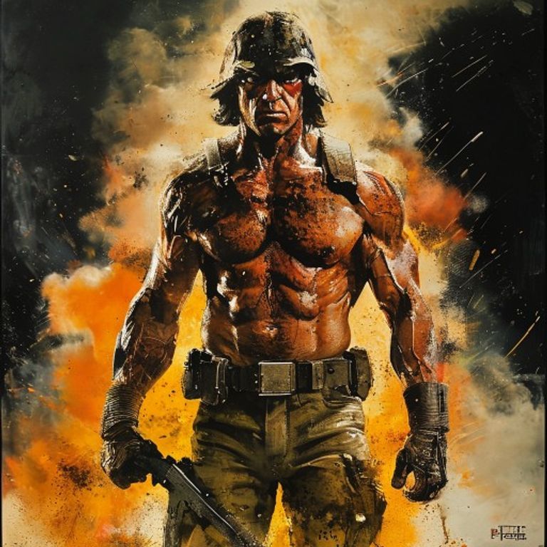 Rendering register: a 1982 to 1989 American action film poster in the Rambo, Commando, Predator lineage, hand-painted i…