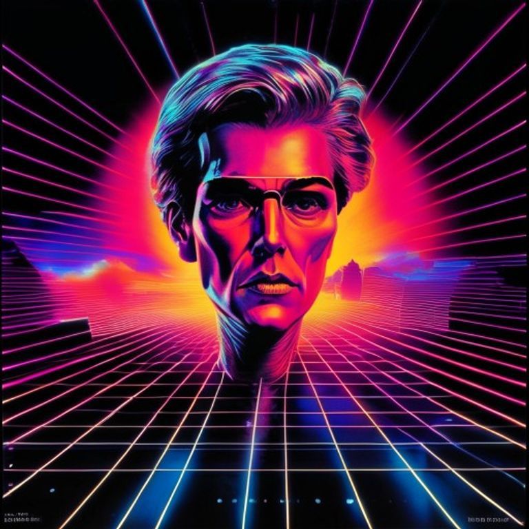 Rendering register: a 1983 to 1989 direct-to-video VHS box cover, airbrushed in acrylic with chrome lettering aesthetic…