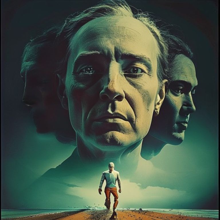 Rendering register: a 1993 to 1999 American studio film poster in the early-Photoshop floating heads tradition, with di…