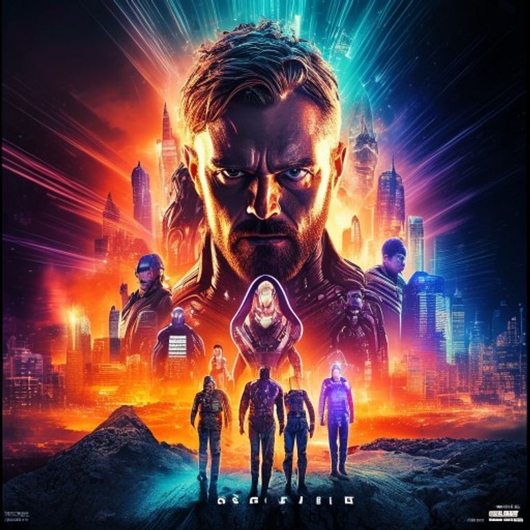Rendering register: a 2012 to 2026 Marvel Studios or franchise tentpole ensemble poster, built as a digital composite o…