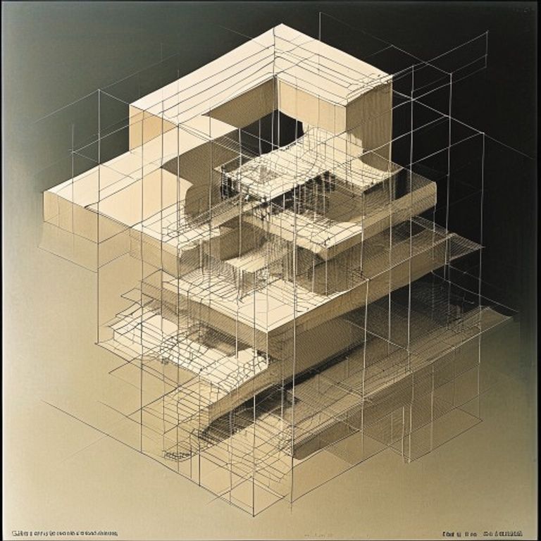Style register: Penrose-triangle and impossible-geometry grammar in the Op-Art lineage, axonometric line construction p…