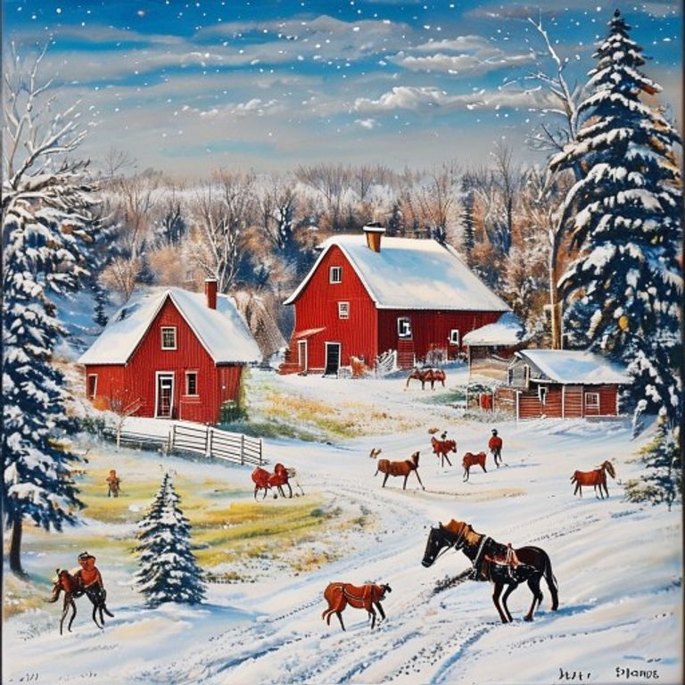 Naive folk-pastoral memory-painting in the rural-Americana register of Anna Mary Robertson Moses.