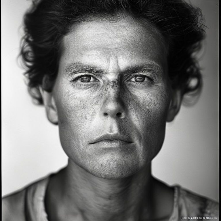 Re-render as a Deardorff 8x10 portrait against an unbroken white paper backdrop, every pore visible, no flattery, no sh…