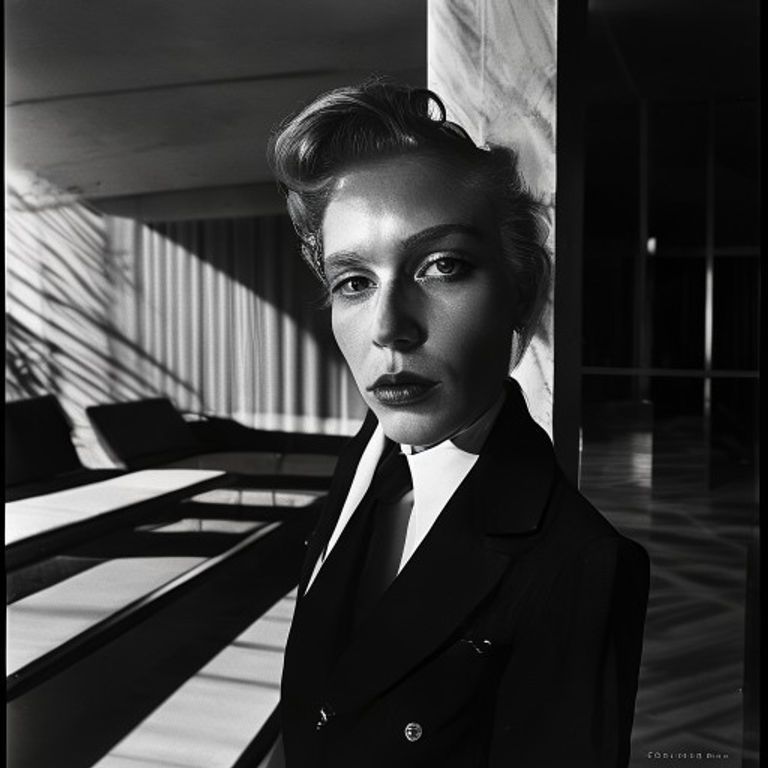 Re-render as a black-and-white Vogue Paris editorial: hard flash, deep shadow, mid-century pool deck or Berlin apartmen…