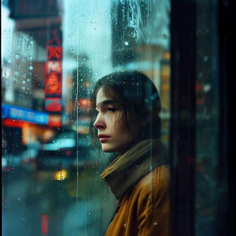 Re-render as a 35mm Kodachrome frame seen through rain-glass, fogged window, or partial obstruction. The photograph as…