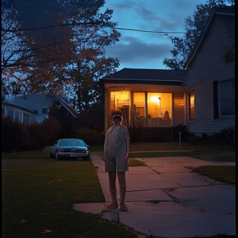 Re-render as an 8x10 staged twilight tableau, lit like a Hollywood film set, the implied narrative more important than…