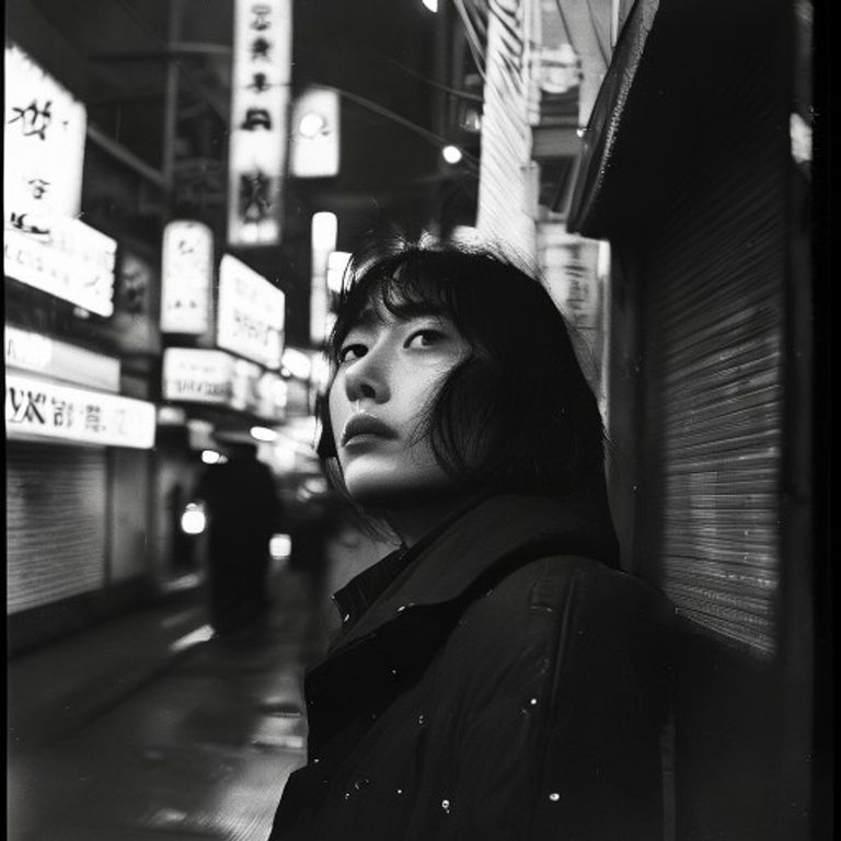 Re-render as a high-contrast pushed Tri-X frame: rough, blurred, out-of-focus, the Provoke-era thesis that the medium's…