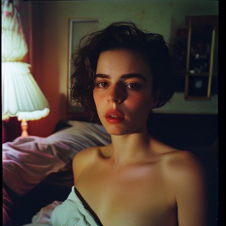 Re-render as an on-camera-flash color snapshot in the Ballad-of-Sexual-Dependency register: red-eye, harsh shadow, the…