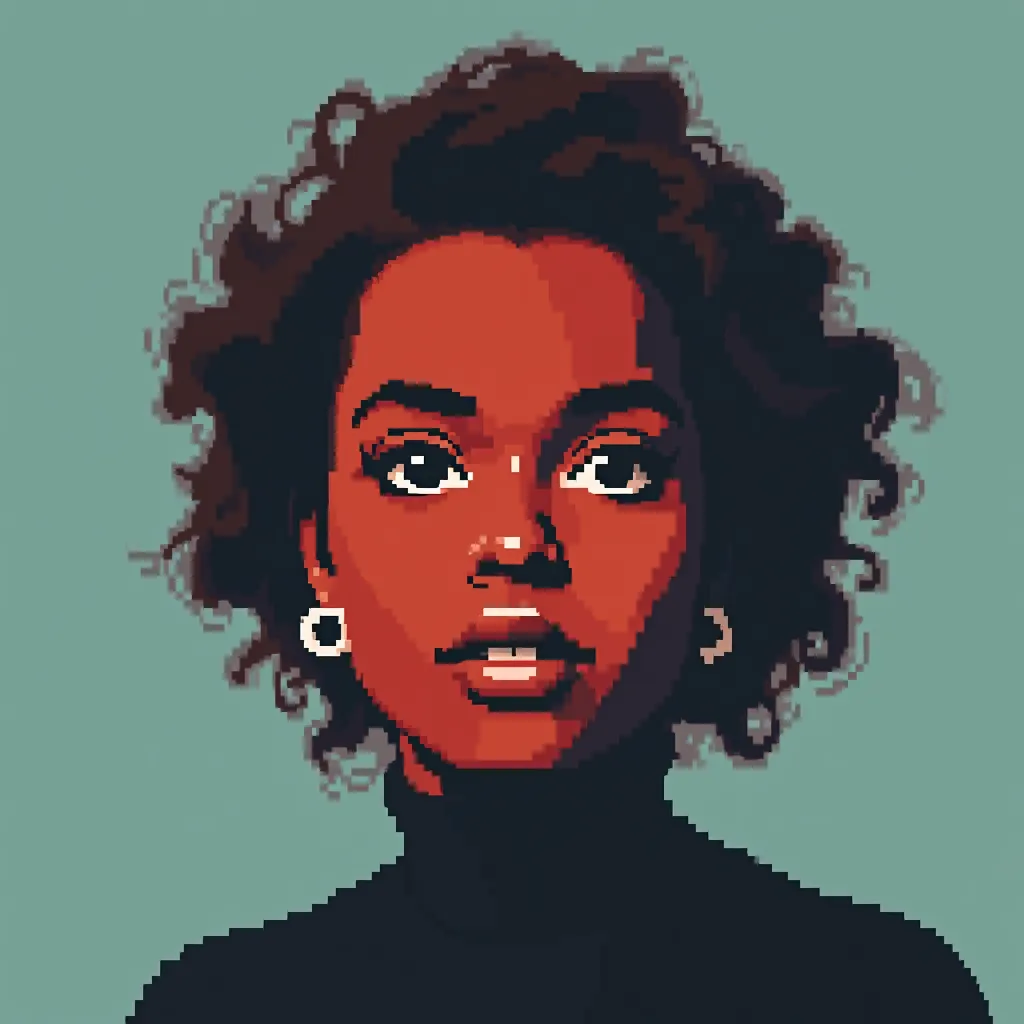 Style register: early eight-bit home-console sprite design, a four-color portrait assembled from hard squares rather th…